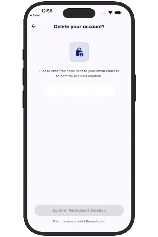 Sports HQ screen for entering the emailed confirmation code