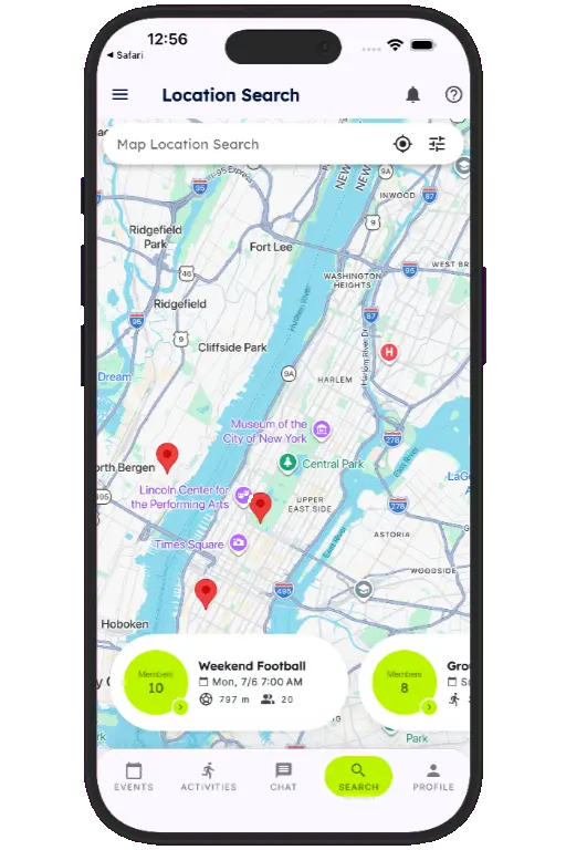 Sports HQ location-based search results on a map