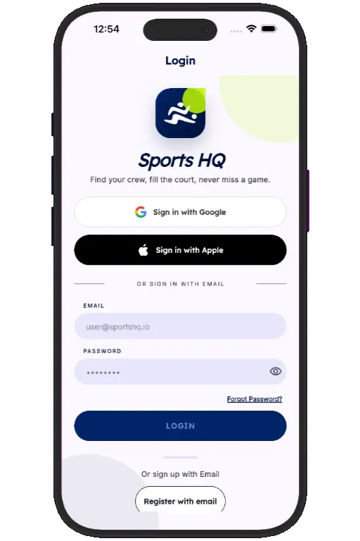Sports HQ login screen