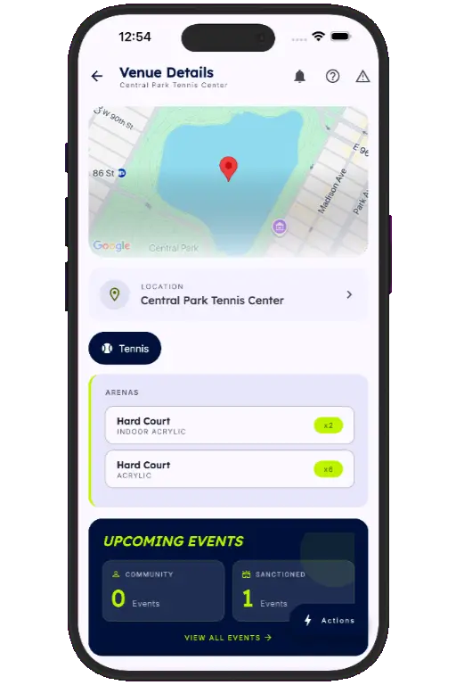 Sports HQ venue details screen showing registered members, amenities, and QR registration