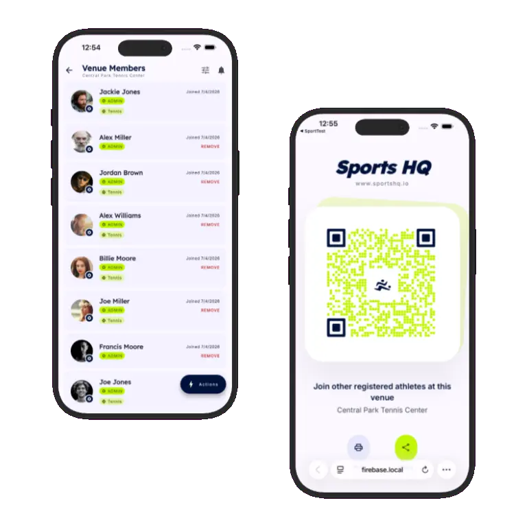Sports HQ QR code registration and venue share screens