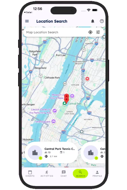 Sports HQ location-based venue search results on a map