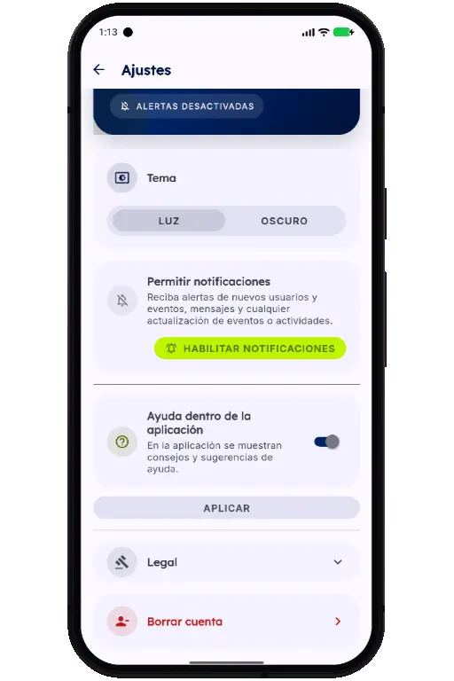 Sports HQ Settings screen with the Delete Account option highlighted