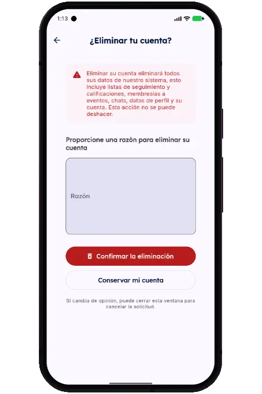Sports HQ screen for entering a reason and confirming account deletion