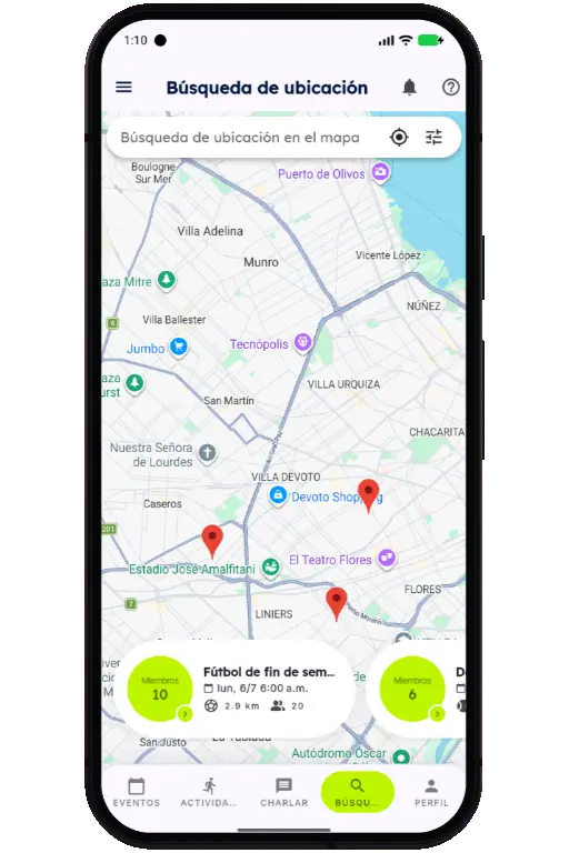 Sports HQ location-based search results on a map