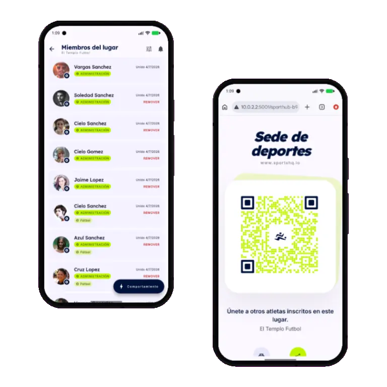 Sports HQ QR code registration and venue share screens