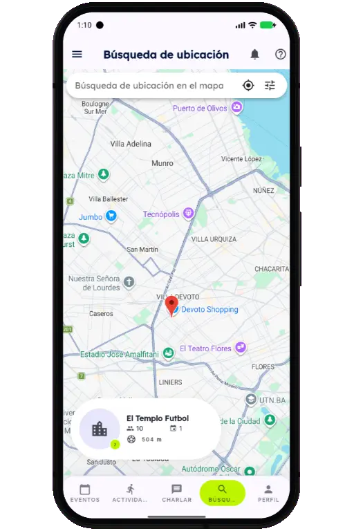 Sports HQ location-based venue search results on a map