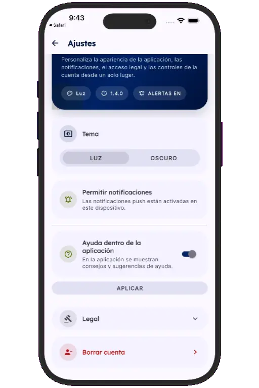 Sports HQ Settings screen with the Delete Account option highlighted
