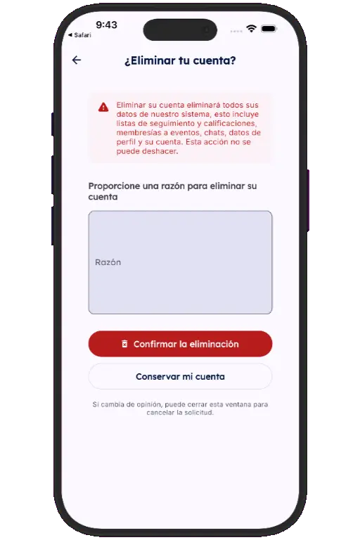 Sports HQ screen for entering a reason and confirming account deletion