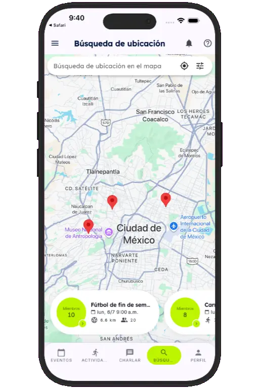 Sports HQ location-based search results on a map