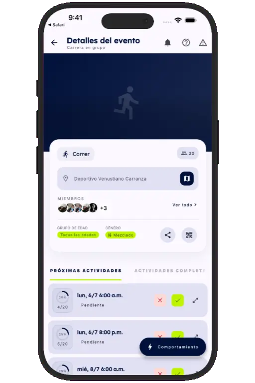Sports HQ activity screen showing a trusted running event