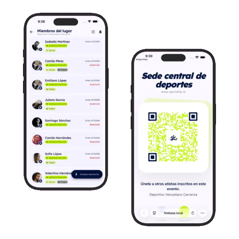 Sports HQ QR code registration and venue share screens
