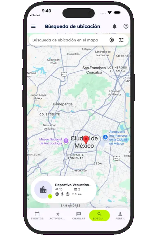 Sports HQ location-based venue search results on a map
