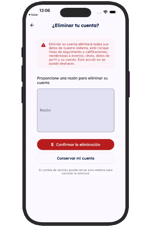 Sports HQ screen for entering a reason and confirming account deletion