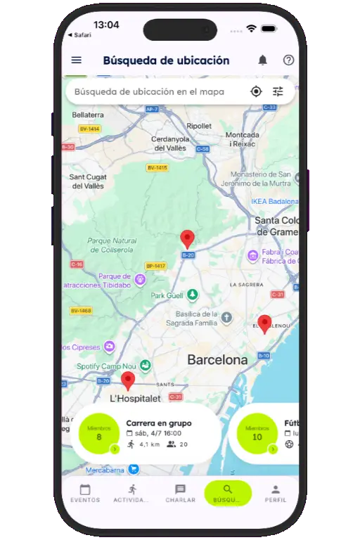 Sports HQ location-based search results on a map