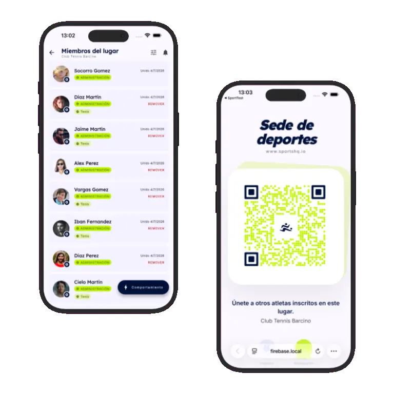Sports HQ QR code registration and venue share screens