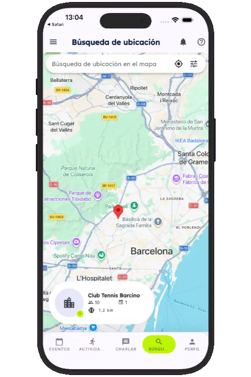 Sports HQ location-based venue search results on a map