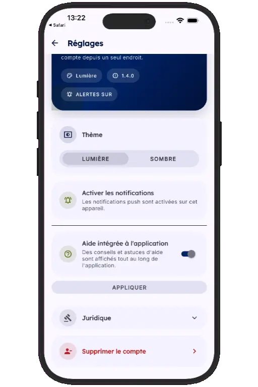 Sports HQ Settings screen with the Delete Account option highlighted