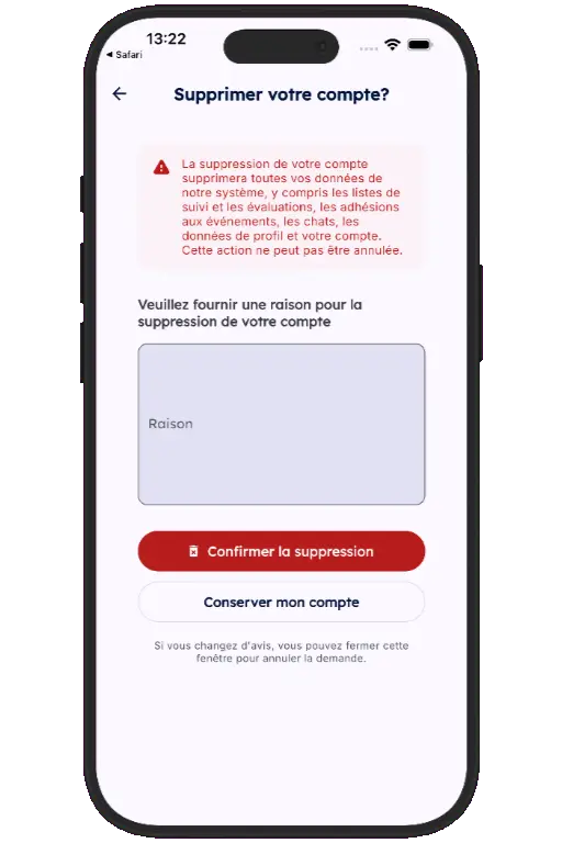 Sports HQ screen for entering a reason and confirming account deletion