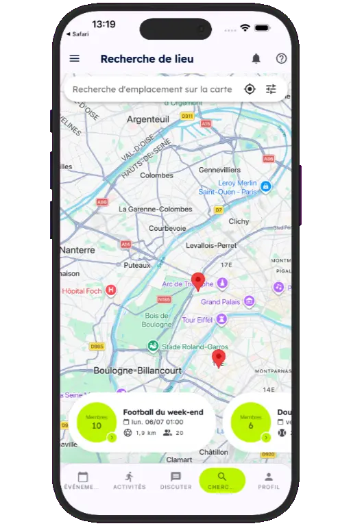 Sports HQ location-based search results on a map