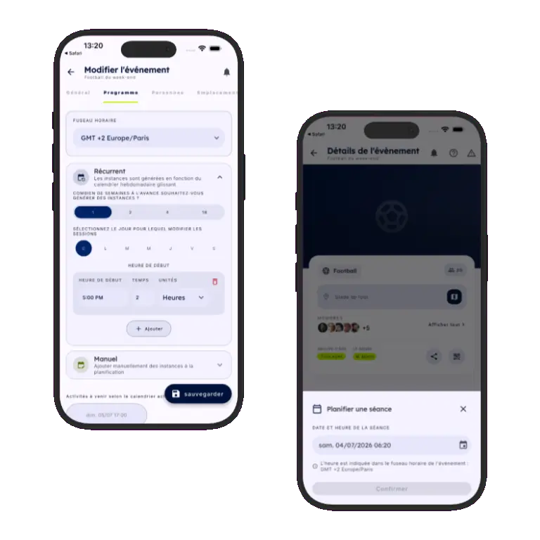 Sports HQ recurring and manual activity scheduling screens