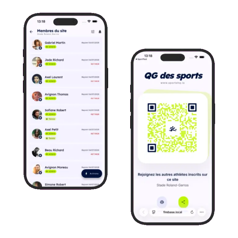 Sports HQ QR code registration and venue share screens