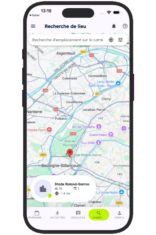 Sports HQ location-based venue search results on a map