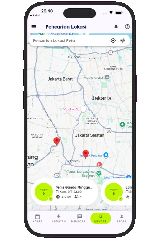 Sports HQ location-based search results on a map