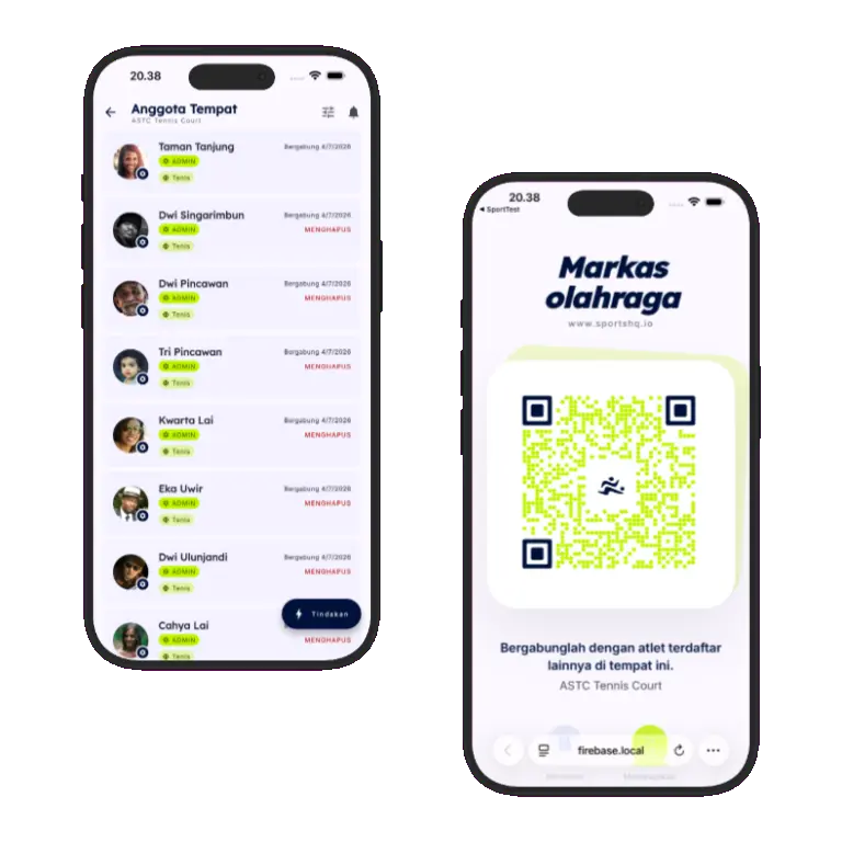 Sports HQ QR code registration and venue share screens