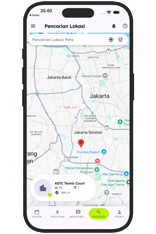 Sports HQ location-based venue search results on a map