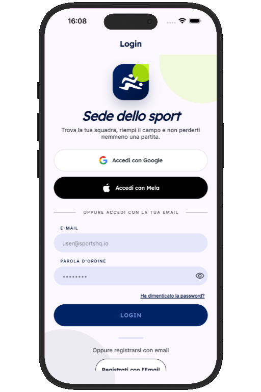 Sports HQ login screen