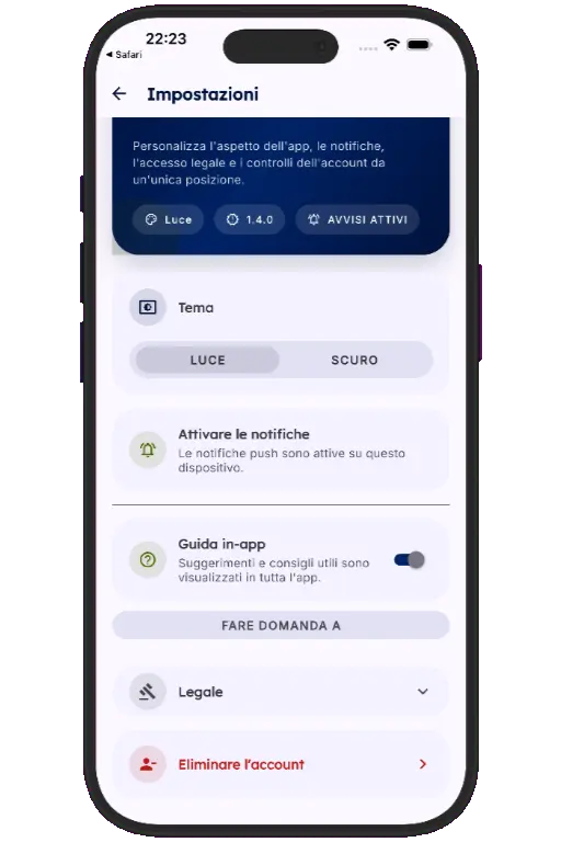 Sports HQ Settings screen with the Delete Account option highlighted
