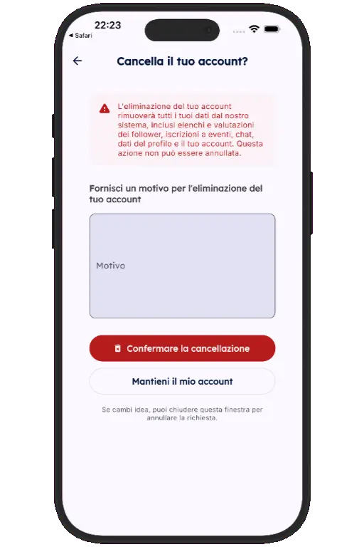 Sports HQ screen for entering a reason and confirming account deletion
