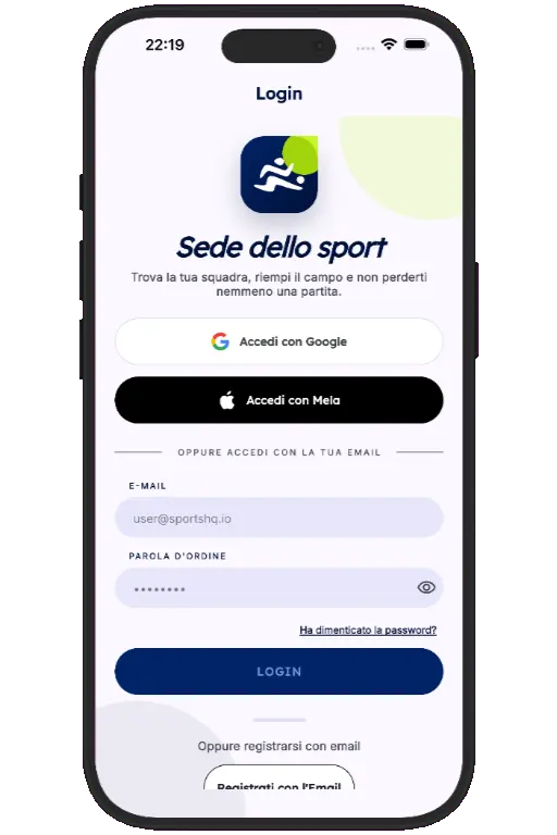 Sports HQ login screen