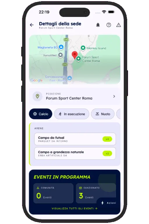Sports HQ venue details screen showing registered members, amenities, and QR registration