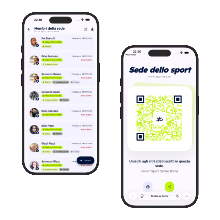 Sports HQ QR code registration and venue share screens