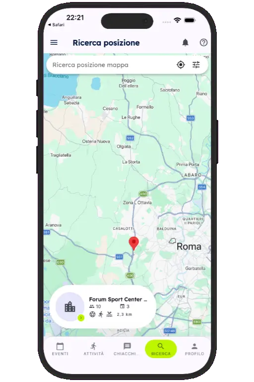 Sports HQ location-based venue search results on a map