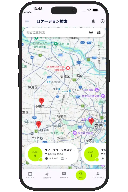 Sports HQ location-based search results on a map