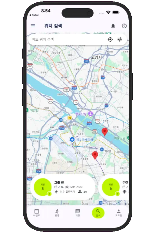 Sports HQ location-based search results on a map