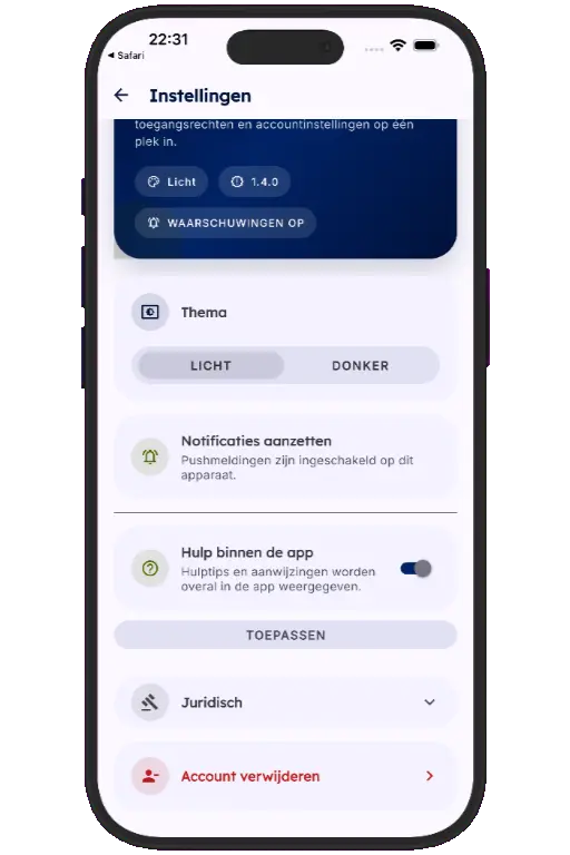Sports HQ Settings screen with the Delete Account option highlighted