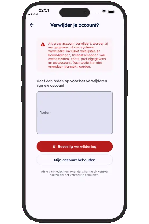 Sports HQ screen for entering a reason and confirming account deletion