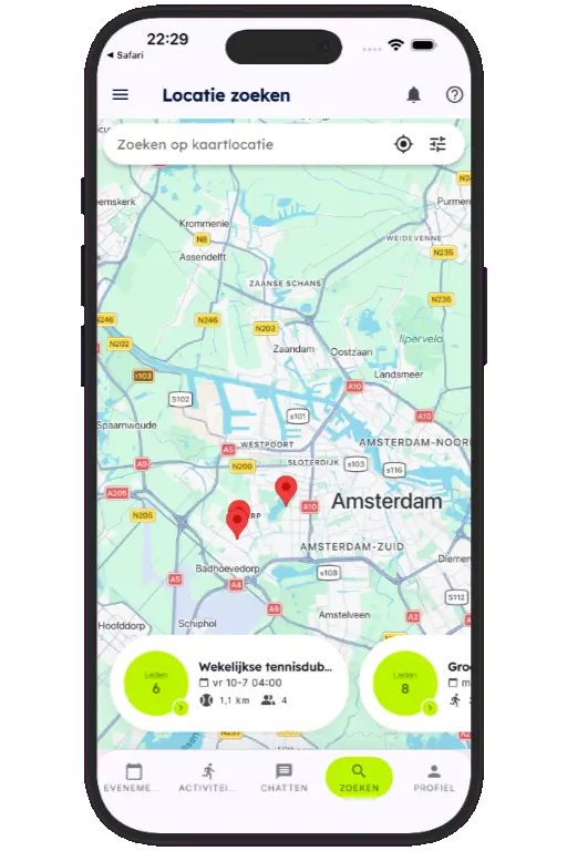 Sports HQ location-based search results on a map