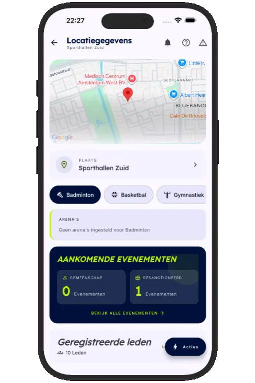 Sports HQ venue details screen showing registered members, amenities, and QR registration