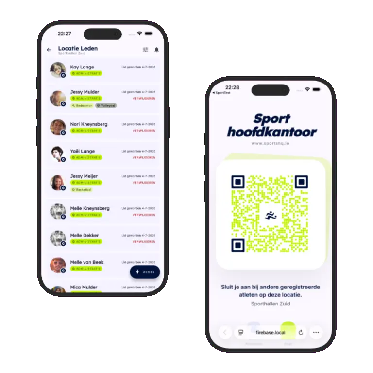 Sports HQ QR code registration and venue share screens