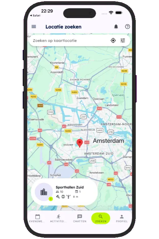 Sports HQ location-based venue search results on a map