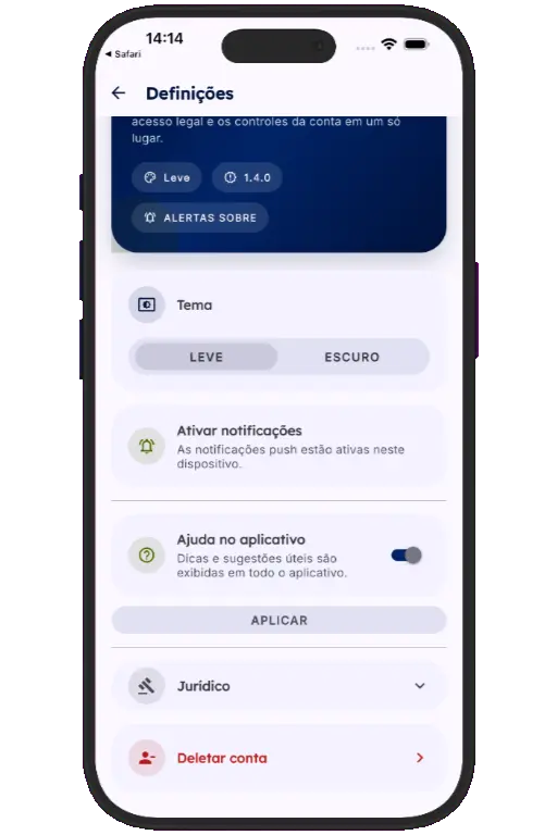 Sports HQ Settings screen with the Delete Account option highlighted