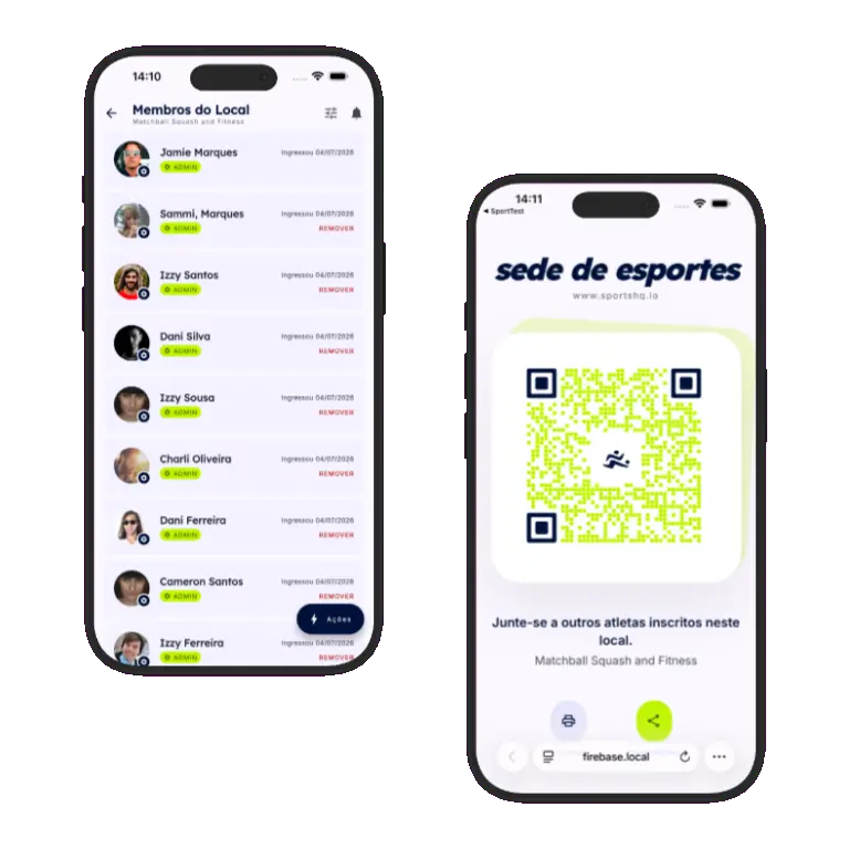 Sports HQ QR code registration and venue share screens