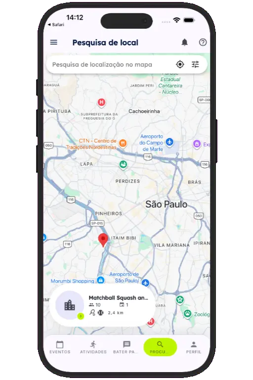 Sports HQ location-based venue search results on a map