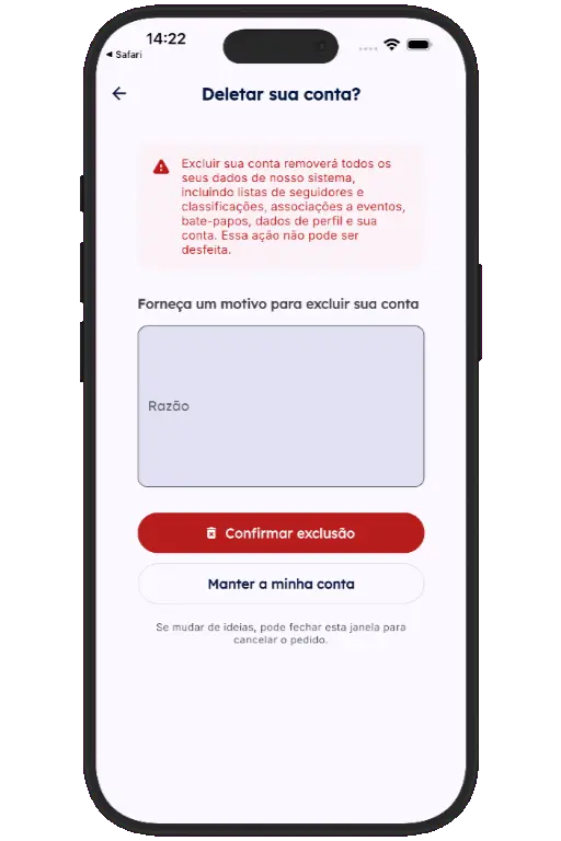 Sports HQ screen for entering a reason and confirming account deletion