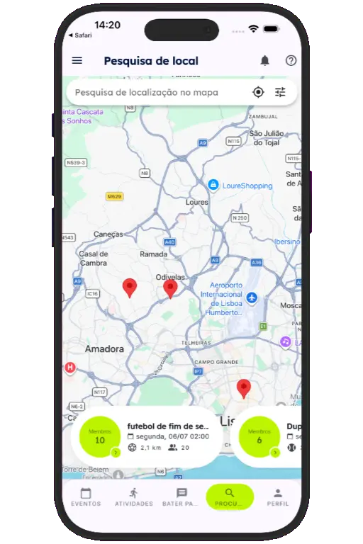 Sports HQ location-based search results on a map